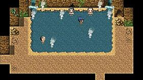 Tanned girl Natsuki in hentai game episode 27, group scene in the public bath.