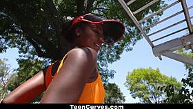 Ebony teen bends over for monster cock bounce