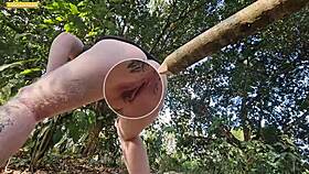 hey, i spread my tiny slit in the forest for a thick log