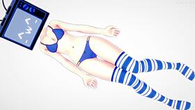 Does the TV woman remove her bikini to fuck on the bed?