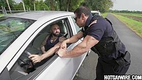 cop gets a surprising pull over from muscular hunk in uniform