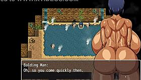 Tanned girl Natsuki in hentai game episode 27, group scene in the public bath.