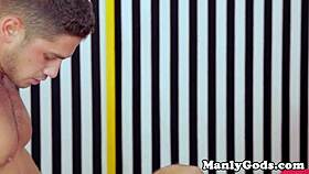 Hunky gay couple rimming ass at home closeup?