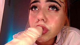 Egirl performs sloppy ahegao blowjob, spitting and drooling on cock.