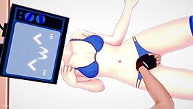 Does the TV woman remove her bikini to fuck on the bed?