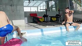 Southernstrokes gay twinks Tony Milak and Corey Law in pool scene.