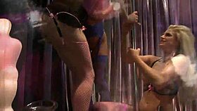 Three blonde sluts in heels share one big cock.