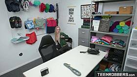 Petite shoplifter Emma Starletto gets fucked by pervy guard