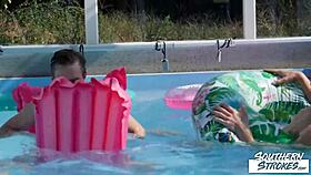 Tony Milak and Corey Law in a gay pool party with bareback sex