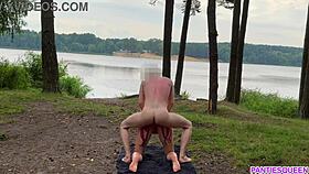 Naked blonde rides hard in public, cum on tits