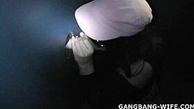 Amateur wife gets banged hard in adult theater gloryhole gangbang.