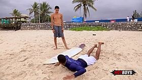 Watch the naughty surfer get caught in a tricky situation