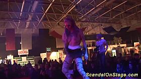 a scandalous show unfolds on the public stage with flexible performers and extreme acts