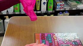 Asian ladyboy teases with new thong in convenience store