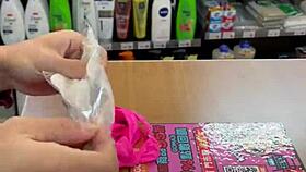 Asian ladyboy teases with new thong in convenience store