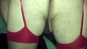 Gay man in red stockings rubs his little 18+ dick and shows his huge ass