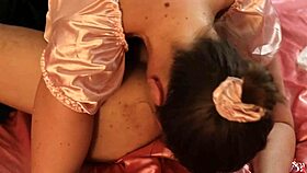 french amateur in leather black skirt satin outfit panties top deepthroat rimming doggystyle