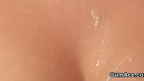 hey, watch this wacky honey get facial bukkake and gulp cum