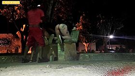 A broke guy skips the motel and gets wild sex with two girls in the public square after a party.