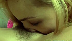 Stepteen licks big tits in lesbian 3way with toys