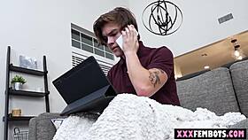 Young man buys hot brunette sex robot for cuddling and sex