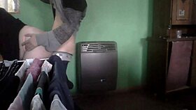 latina milf couple fucks in kitchen by heater