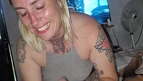 Blonde Blanquita gets lots of cum on her face in garage deepthroat 😏