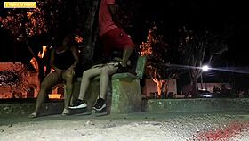 A broke guy skips the motel and gets wild sex with two girls in the public square after a party.