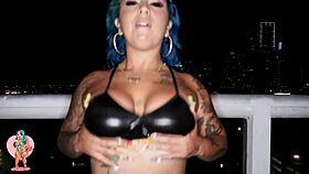 Spanish woman with big tits squirts during outdoor orgasm with big black cock.