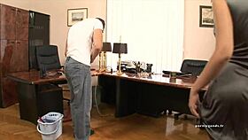 Donna Bell bent over in doggystyle at work, her shaved pussy getting a cumshot.