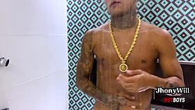 Tanned Muscular Novinho With Monster Cock Fucks My Ass In Shower - Intriguing Encounter