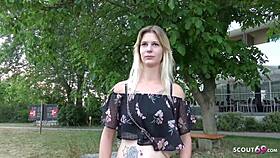 German scout fucks 18-year-old student Lara from Hamburg in street casting for money.