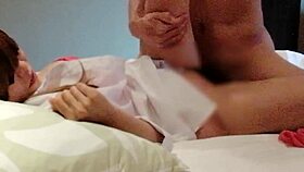 Big-breasted Japanese beauty in red underwear gets fingered and licked. She climaxes hard in missionary position.