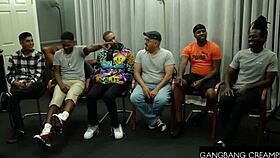 Cute redhead babe masters cocks in gangbang