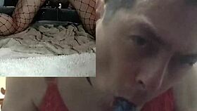 Gay prostitute in lingerie uses two dildos for bdsm scene