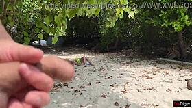 Public masturbation with a busty MILF and her stepdaughter
