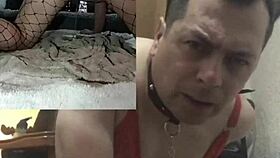 Gay prostitute in lingerie uses two dildos for bdsm scene