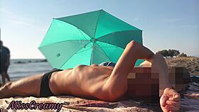 Flashing cock on public beach, stepdaughter helps cum