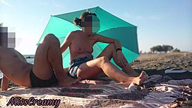 Flashing cock on public beach, stepdaughter helps cum