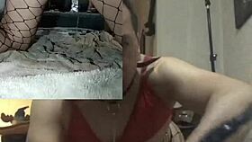 Gay prostitute in lingerie uses two dildos for bdsm scene