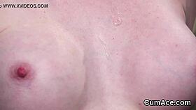 Hot hottie receives cumshot on face, gulping love juice.