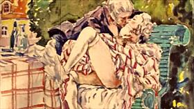 Vintage erotic illustration depicts antique anime hentai cartoon in detailed retro style
