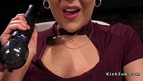 Brunette gets fucked by a double penetration sex machine