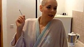 blonde gives blowjob with handjob and cum on hairless pussy.