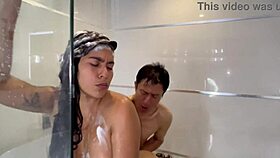 bloated plumber licks and fucks busty big-assed hottie in bathroom, gaping her big pussy.