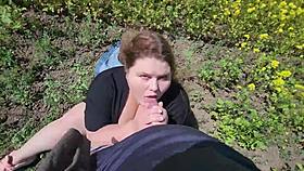 Beautiful Chubby Cutie with Big Tits Gives POV Outdoor Blowjob and Plays with Cum
