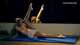 Amateur ballerina teases in a white dress, showing flexible naked body.