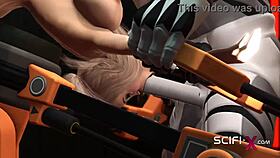 Busty blonde explores extreme interactions with android in sci-fi lab.