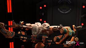 Busty blonde explores extreme interactions with android in sci-fi lab.