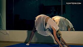 Amateur ballerina teases in a white dress, showing flexible naked body.